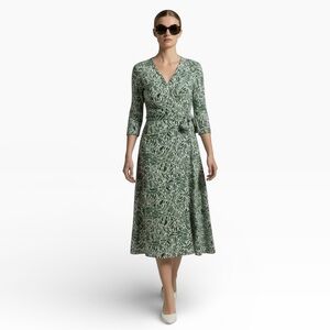 BCBG Max Azria Leaf Print 3/4 Sleeve Wrap Dress Green White Size Large